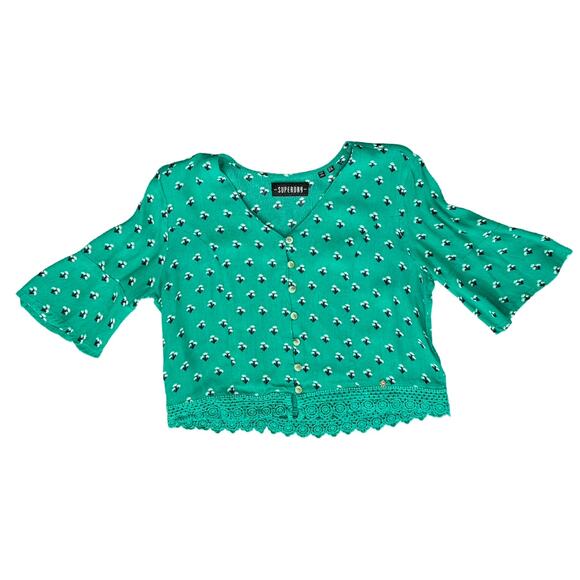 Superdry Cropped Green Floral Button Down Boxy Short Sleeve Lace Trim Top size 8 - Picture 4 of 9